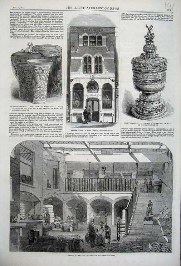 Old Antique Print 1861 Gilbey Wine Stores Office Drinking Vessels Ivory 19th