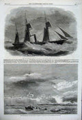 Old Antique Print 1861 Steam-Ship Briton Sea Cliff Tynemouth Storm Sail 19th