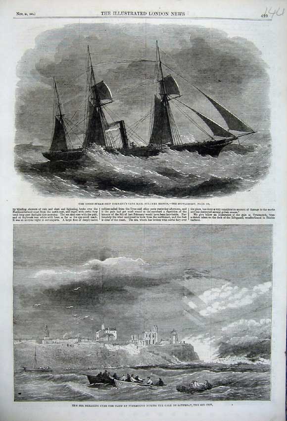 Old Antique Print 1861 Steam-Ship Briton Sea Cliff Tynemouth Storm Sail 19th