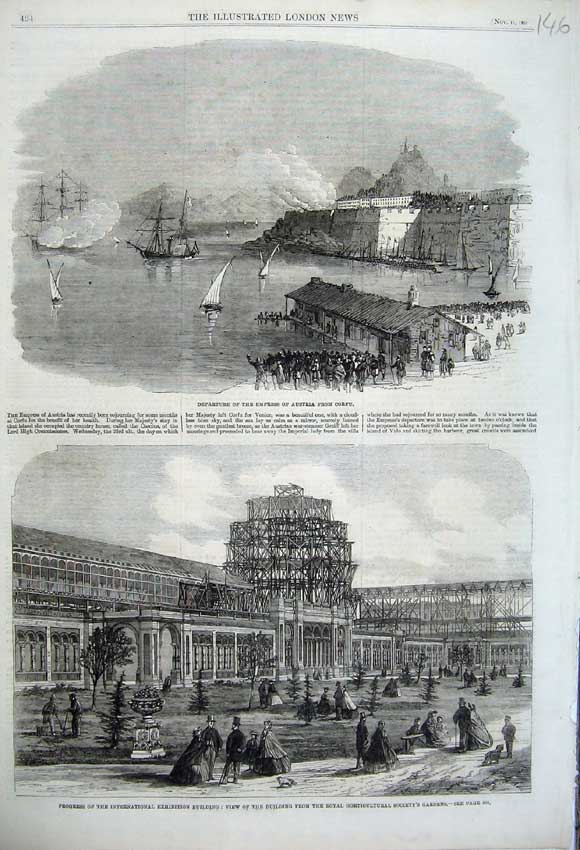 Old Antique Print 1861 Empress Austria Corfu Exhibition Building Gardens 19th