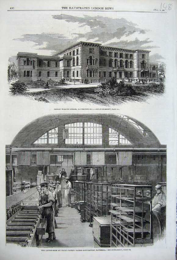 Original Old Antique Print 1861 Candle-Room Battersea Orphan School Haverstock