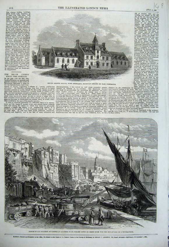 Old Antique Print 1861 Devon County School Moorish Buildings Algiers Ship 19th