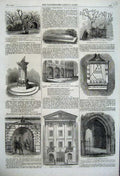 Original Old Antique Print Temple Gate Church 1861 Sundial Gsmith Tomb Garden