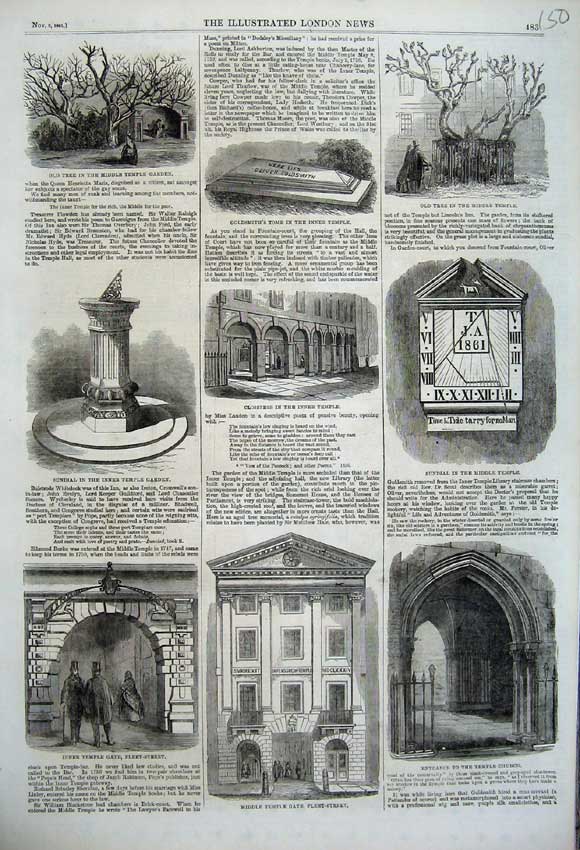Original Old Antique Print Temple Gate Church 1861 Sundial Gsmith Tomb Garden