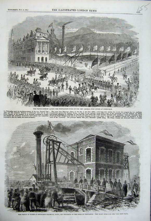Original Old Antique Print 1861 Prince Consort Post Office Edinburgh Wales Coal