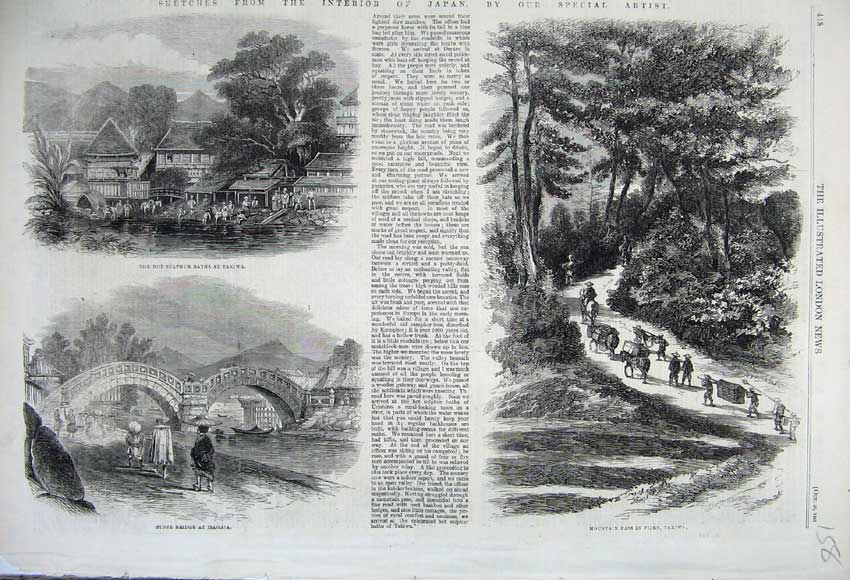 Old Antique Print 1861 Mountain Takiwa Stone Bridge Isahaia Sulphur Baths 19th