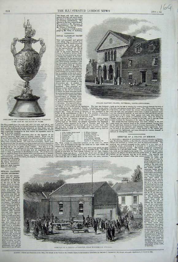 Old Antique Print 1861 Chapel Melton Suffolk Fuller Chapel Kettering Cup 19th