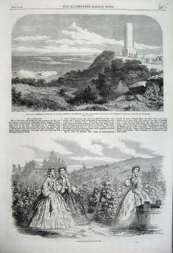 Old Antique Print Paris Fashion Dress 1861 Monument Dives Normandy France 19th