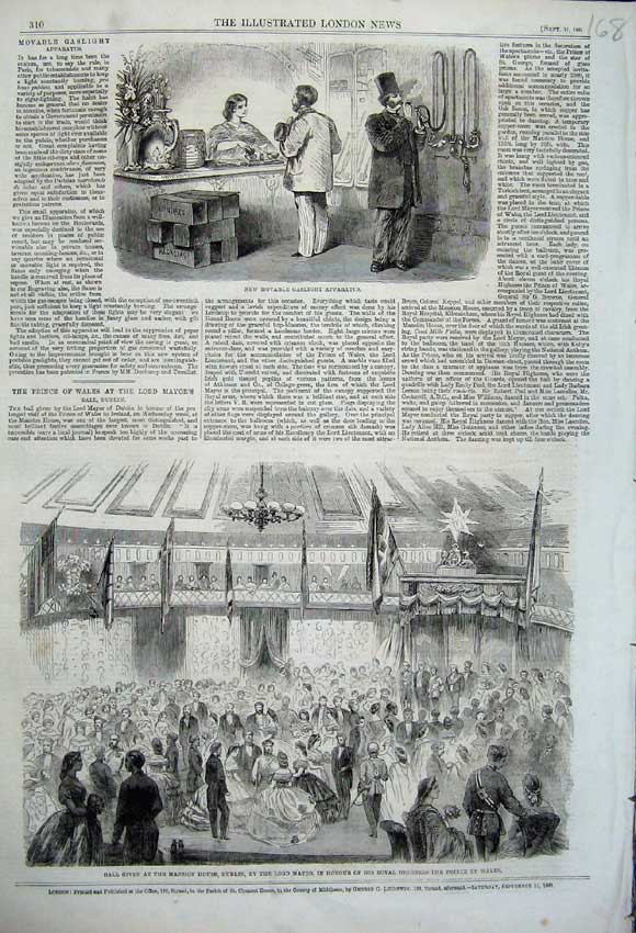 Original Old Antique Print 1861 Gaslight Ball Mansion House Dublin Mayor Wales