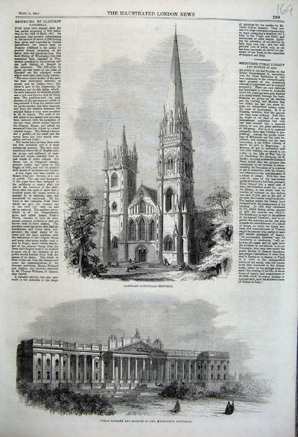 Old Antique Print 1861 Public Library Museum Australia Llandaff Cathedral 19th