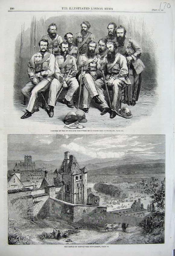 Old Antique Print 1861 Castle Dieppe Officers Punjaub Rifle Corps Men War 19th