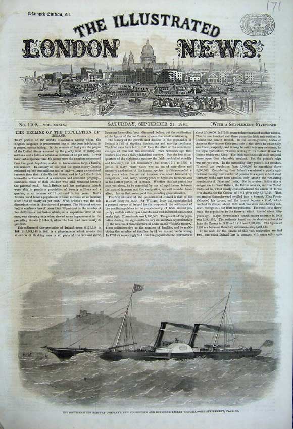 Old Antique Print 1861 Railway Folkestone Boulogne Packet Victoria Ship 19th