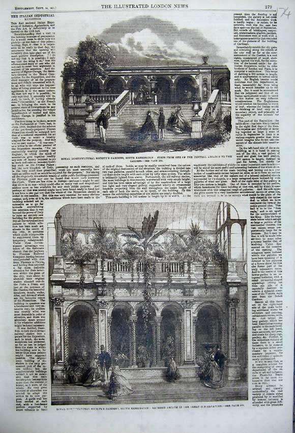 Original Old Antique Print 1861 Horticultural Garden Arcade Conservatory London