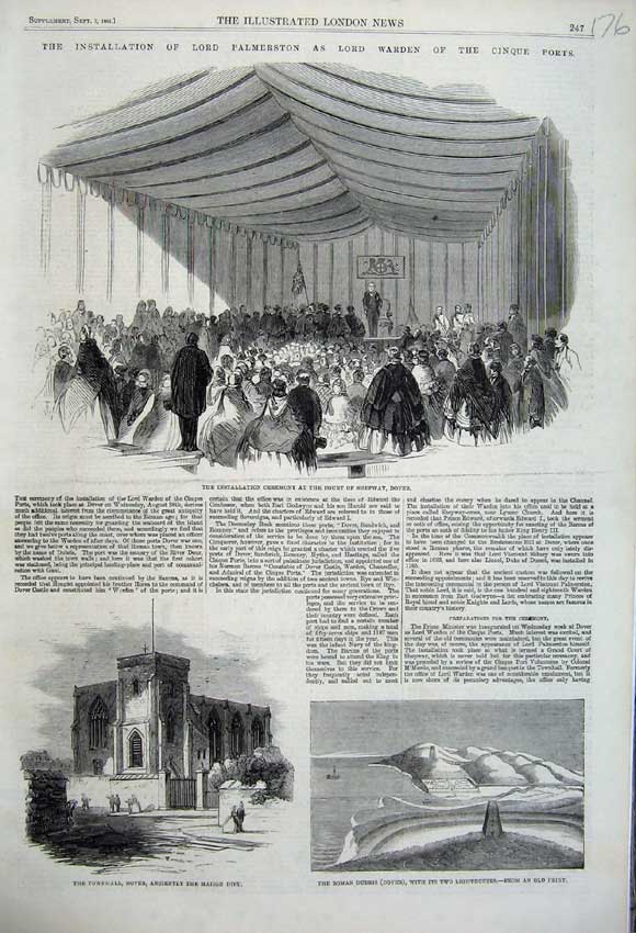 Original Old Antique Print 1861 Roman Dubris Dover Townhall Ceremony Shepway