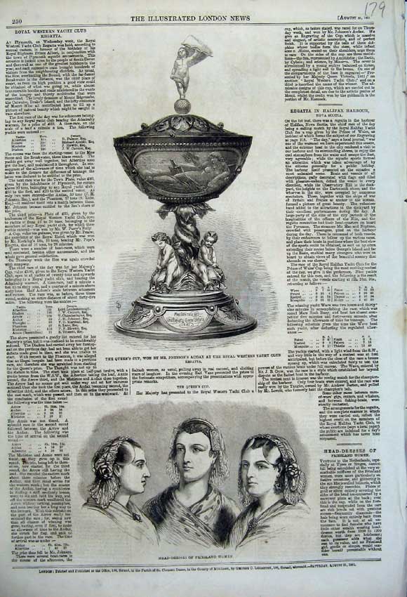Original Old Antique Print 1861 Head-Dresses Friesland Women Queen'S Cup Yacht