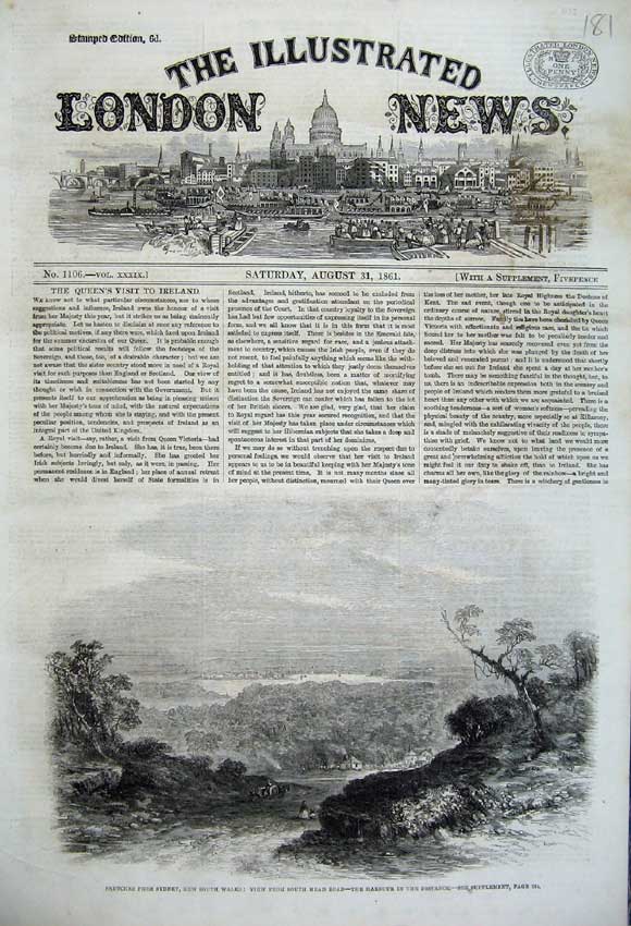 Original Old Antique Print 1861 Sydney South Wales Australia View Harbour Town