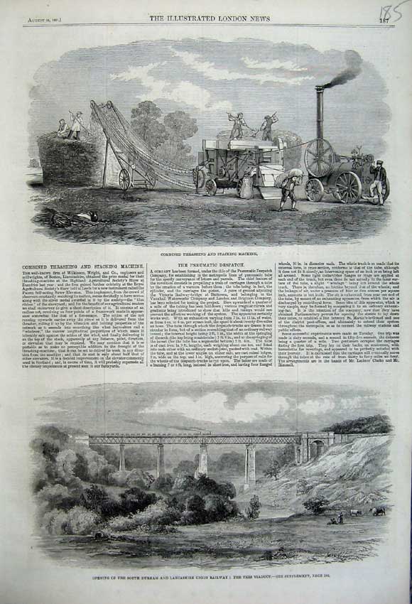 Old Antique Print 1861 Tees Viaduct Durham Railway Thrashing Machine Farm 19th