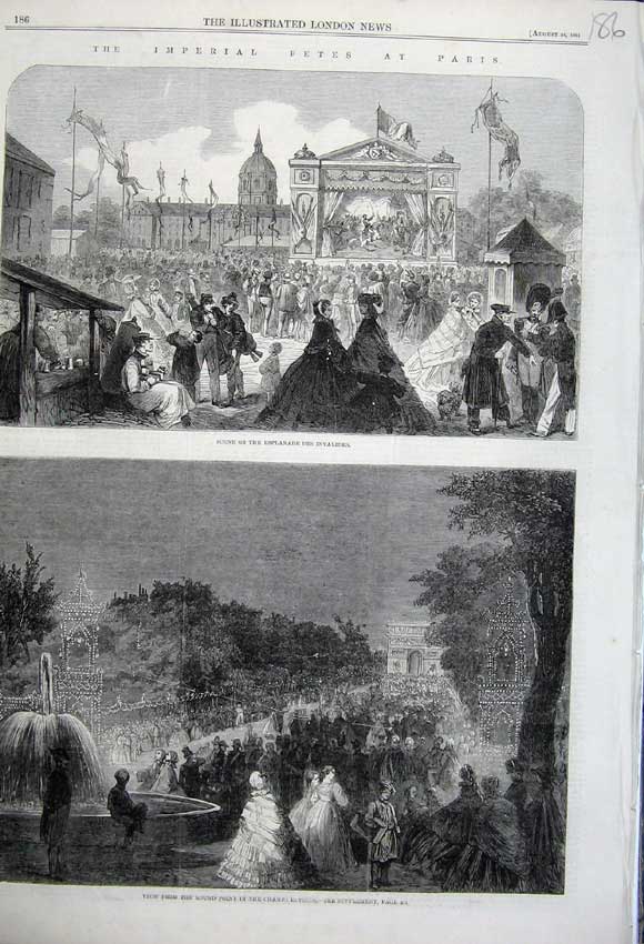 Old Antique Print 1861 Imperial Fete Paris Champs Elysees Esplanade Scene 19th