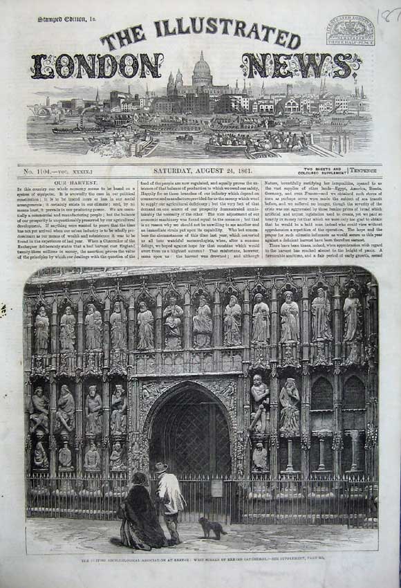 Old Antique Print *0150 1861 West Screen Exeter Cathedral Archaeological