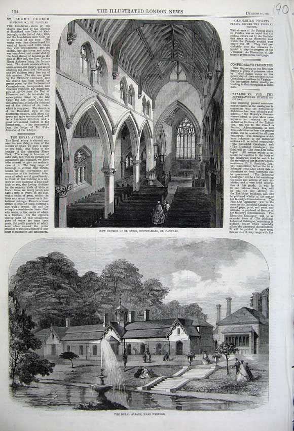 Old Antique Print Church St Luke Pancras 1861 Royal Aviary Windsor London 19th