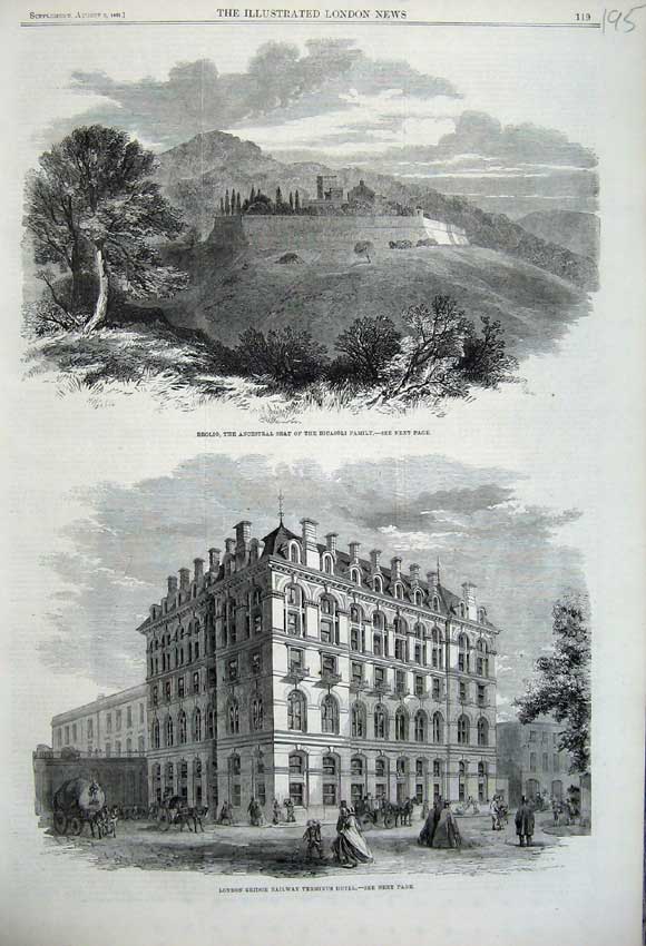 Original Old Antique Print 1861 Brolio Ricasoli Railway Terminus Hotel London