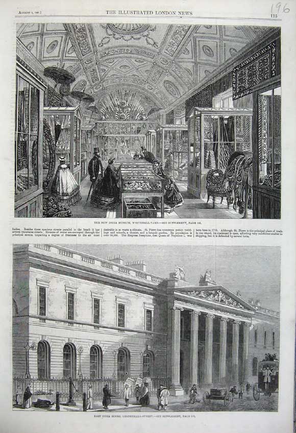 Original Old Antique Print 1861 India Museum Whitehall-Yard House Leadenhall
