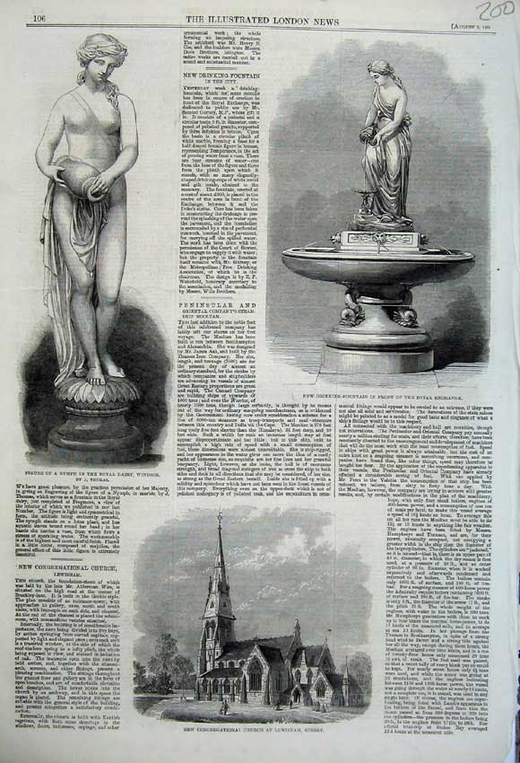Original Old Antique Print Church Lewisham Surrey 1861 Fountain Royal Exchange