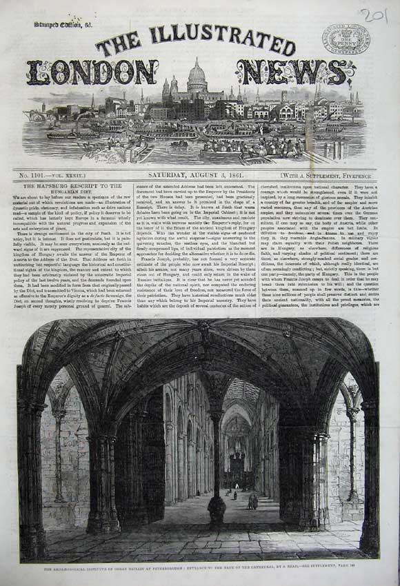 Old Antique Print Cathedral Nave 1861 Archaeological Society Peterborough 19th