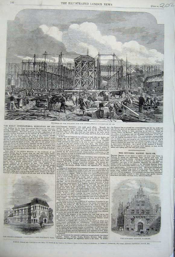 Original Old Antique Print 1861 Butchers Market Haarlem Oimlico Institution