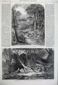 Original Old Antique Print 1861 Blackdown Surrey Highlands Woodland Glade Trees