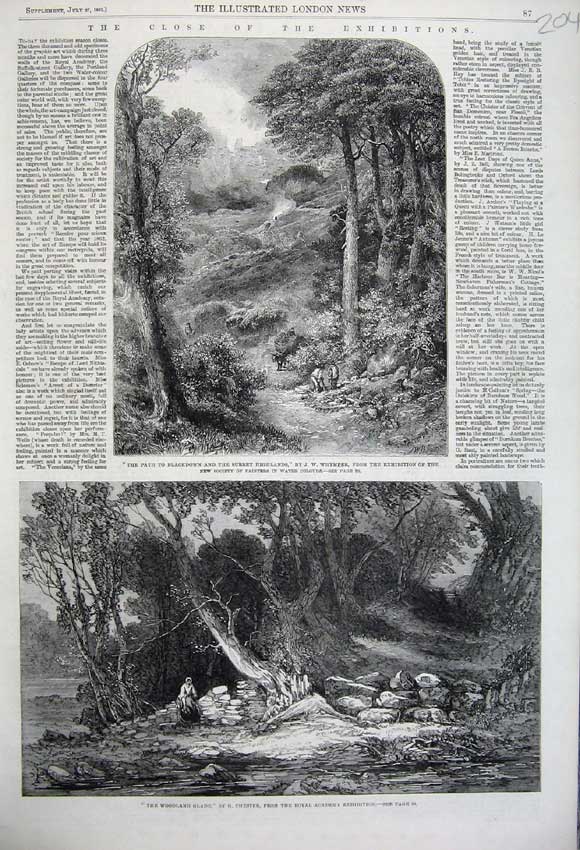 Original Old Antique Print 1861 Blackdown Surrey Highlands Woodland Glade Trees