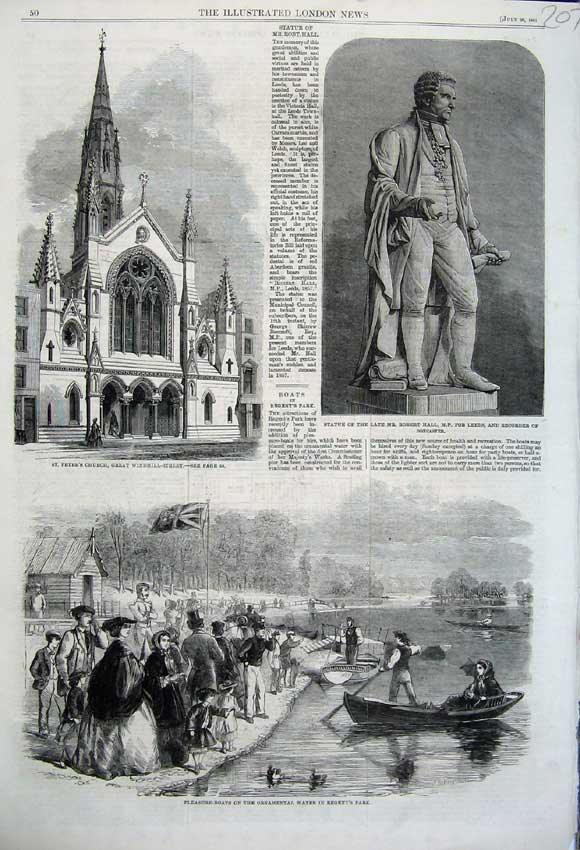 Old Antique Print 1861 Robert Hall Peter'S Church Windmill Boats Regent'S 19th