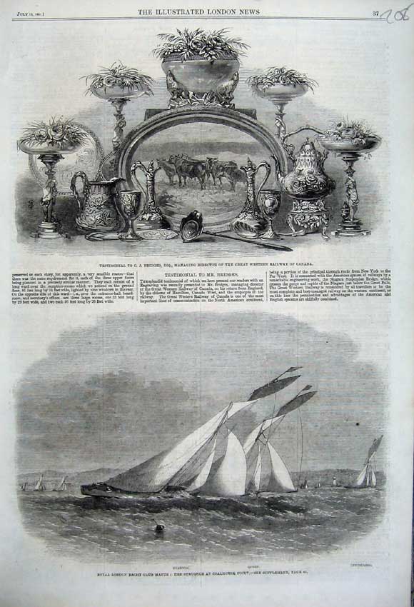 Original Old Antique Print 1861 Yacht Match Phantom Queen Testimonial Railway