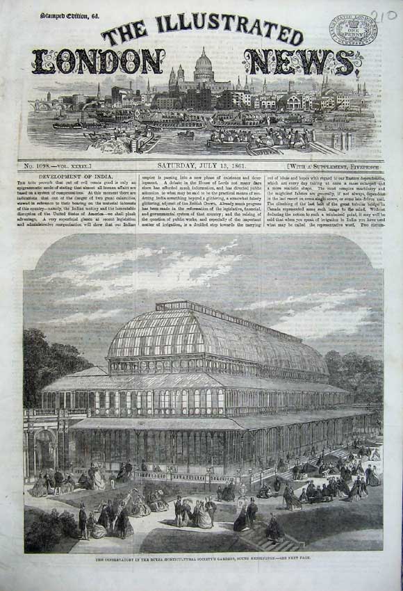 Old Antique Print 1861 Conservatory Royal Horticultural Society Gardens 19th
