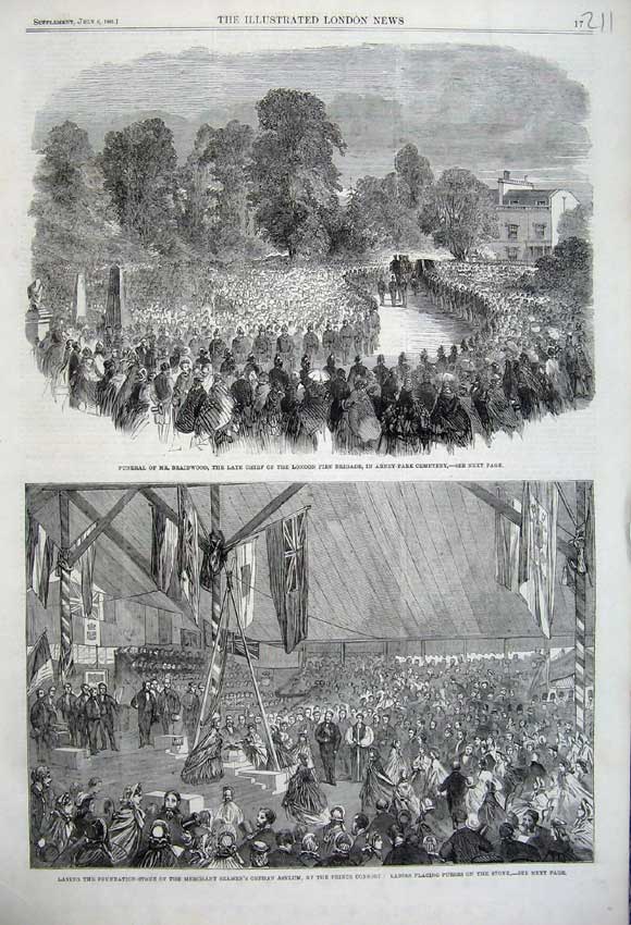 Original Old Antique Print 1861 Funeral Braidwood Fire-Brigade Orphan Asylum