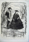 Old Antique Print 1861 Christmas Mistletoe Man Woman Romance Snow Scene 19th
