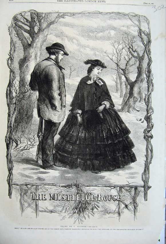 Old Antique Print 1861 Christmas Mistletoe Man Woman Romance Snow Scene 19th