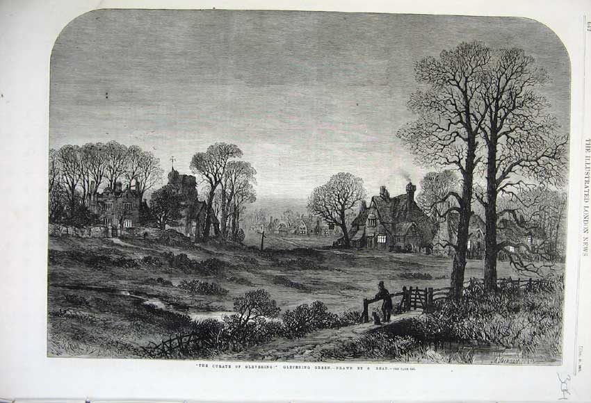 Old Antique Print 1861 Curate Glevering Night Scene Church Country House 19th