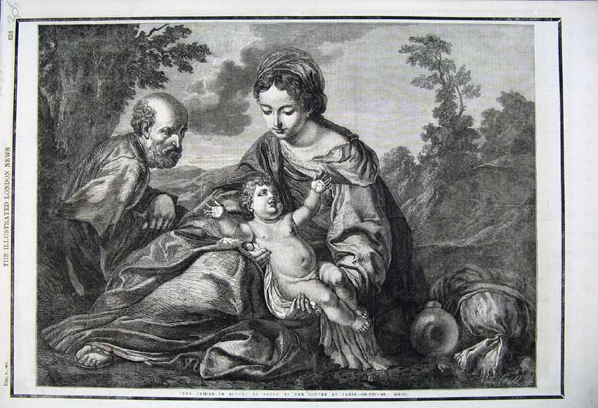 Original Old Antique Print 1861 Repose Egypt Woman Man Baby Louvre Paris France