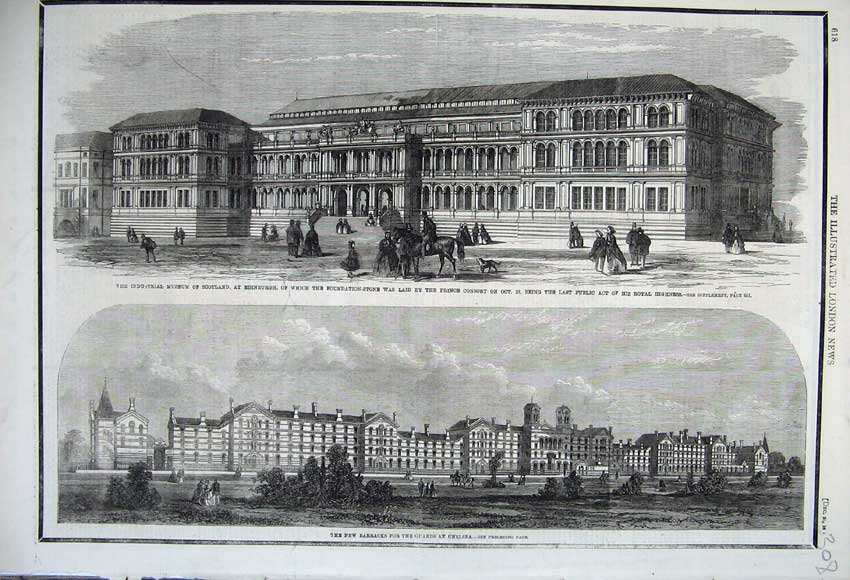 Old Antique Print 1861 Museum Edinburgh Scotland Barracks Guards Chelsea 19th