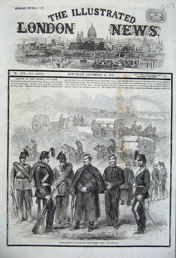Original Old Antique Print 1861 Reinforcements Canada War Military Horses Coach