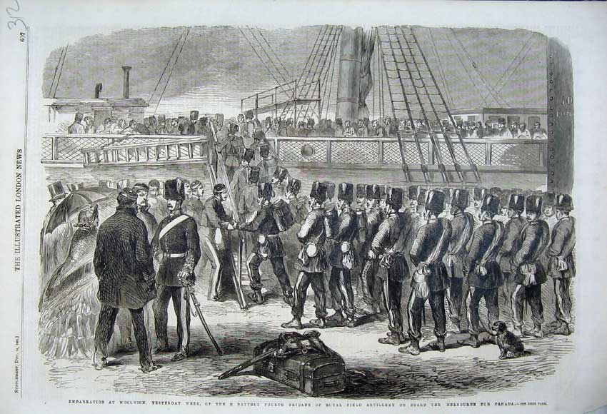 Old Antique Print 1861 Woolwich Ship Royal Field Artillery Melbourne Ship 19th