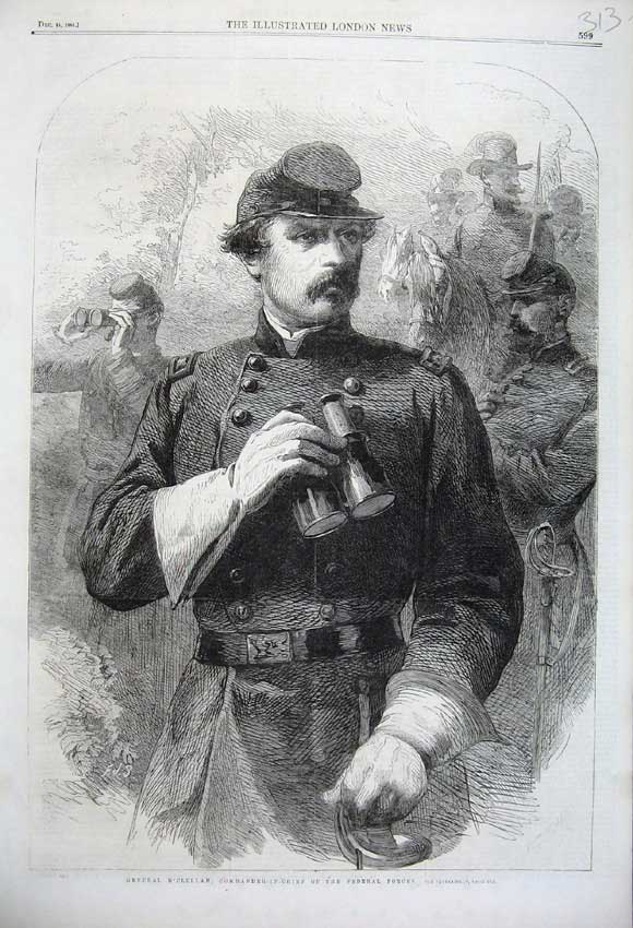 Old Antique Print 1861 General M'Clellan Commander -Chief Federal Forces 19th