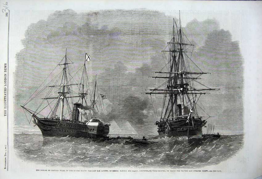 Old Antique Print 1861 Captain Wilks War-Ship Jacinto Mason Mail-Steamer 19th