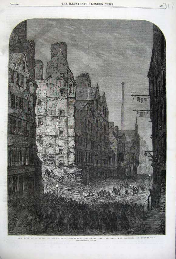 Old Antique Print 1861 Ruins House High Street Edinburgh Scotland Night 19th