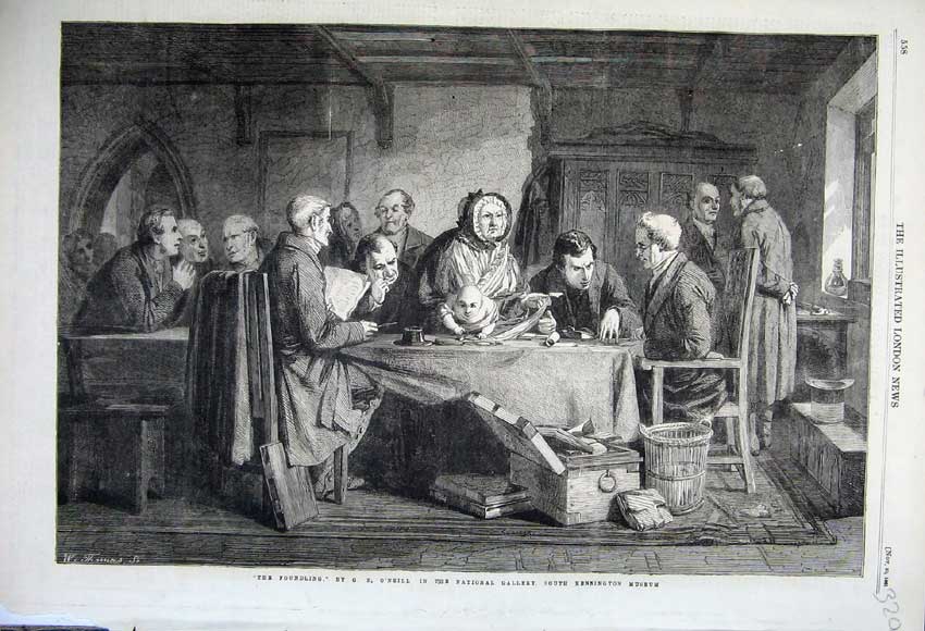 Old Antique Print 1861 National Gallery Kensington Men Woman Baby Books 19th