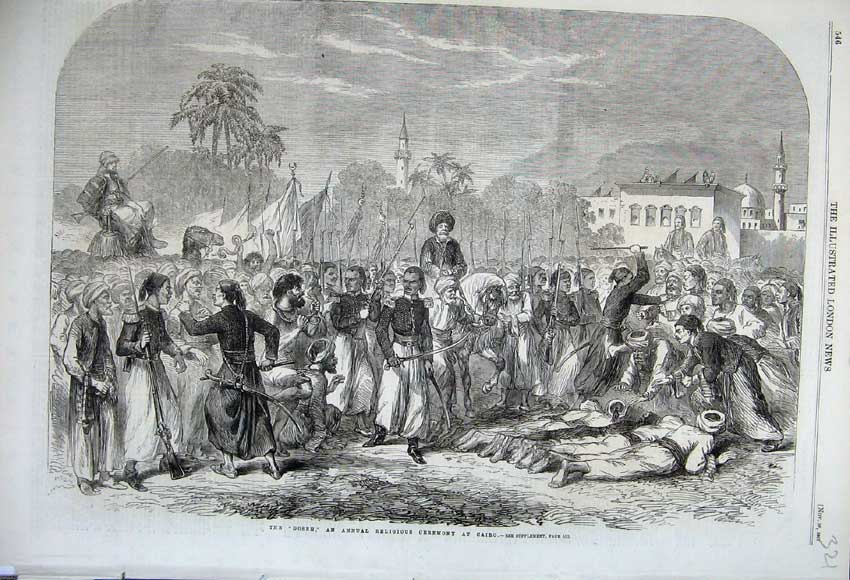 Original Old Antique Print 1861 Doseh Annual Religious Ceremony Cairo Egypt War