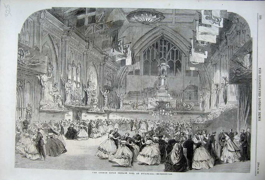 Old Antique Print 1861 London Rifle Brigade Hall Guildhall Dancing Party 19th