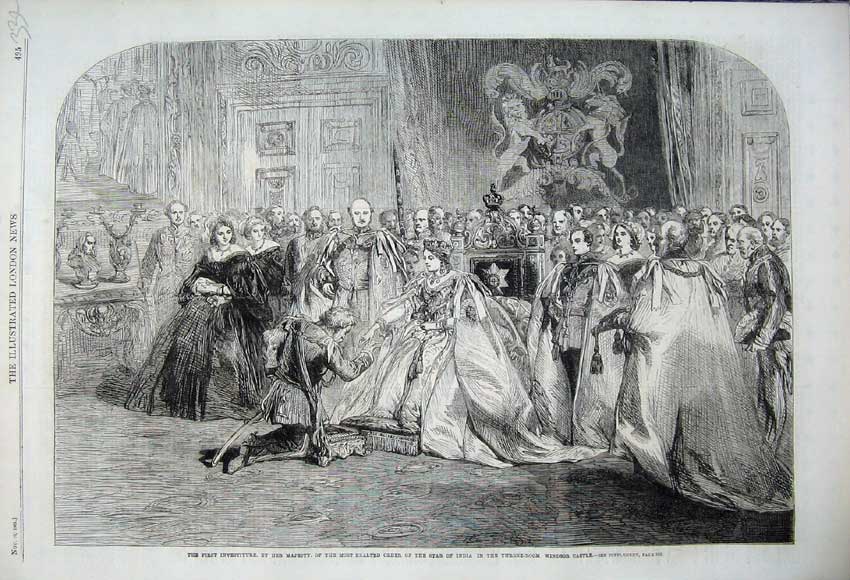 Old Antique Print 1861 Investiture Queen Star India Throne Windsor Castle 19th