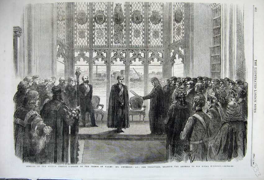 Original Old Antique Print 1861 Middle Temple Library Prince Wales Anderson Men